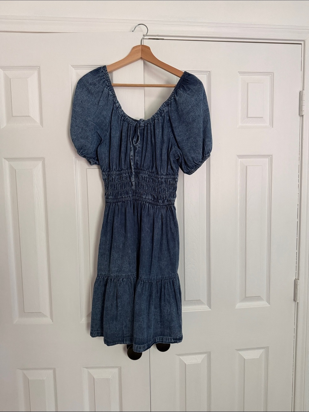 GAP Denim Blue Puff-Sleeve Smocked Mini Dress - Picture 1 of 6
